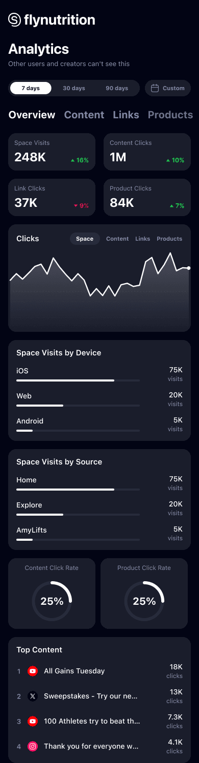 Space analytics showing visits, clicks, traffic sources, and top content