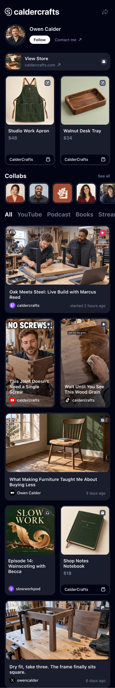 A creator Space aggregating videos, podcasts, products, and collabs